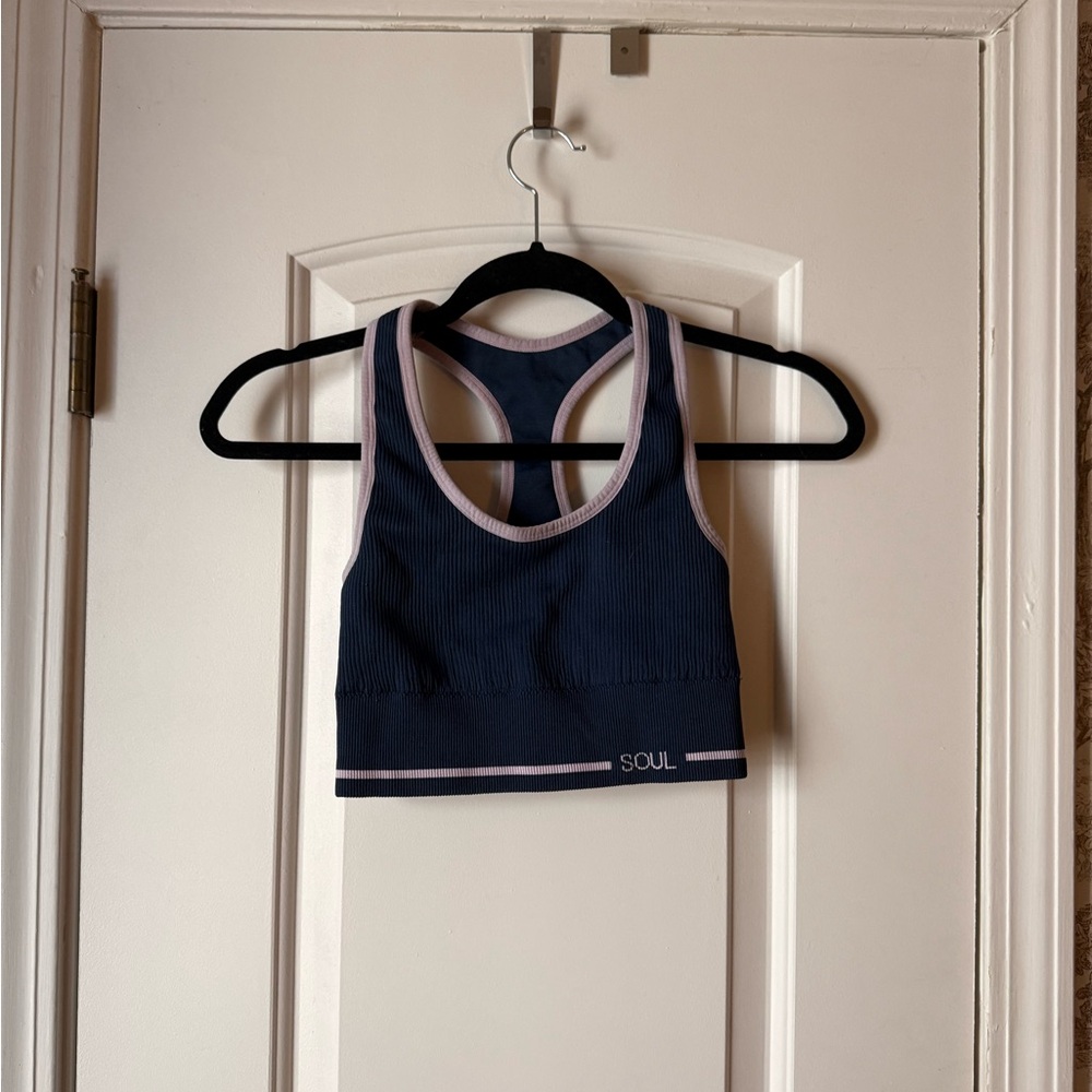 SoulCycle Blue Sports Bra with Pink Trim